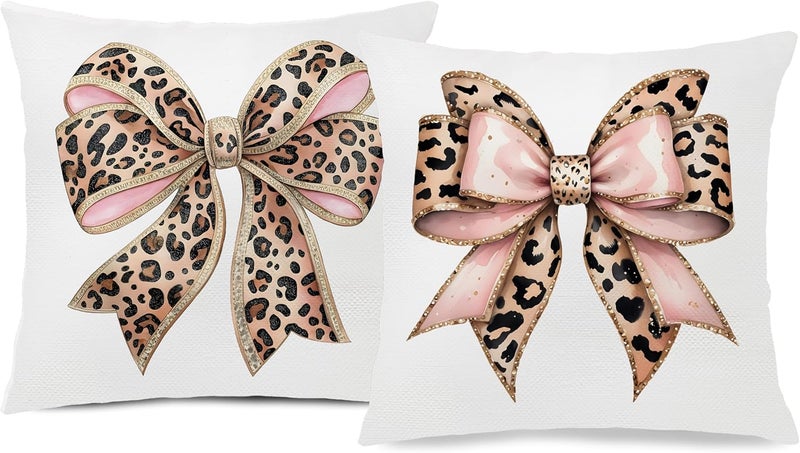 Nipil Trendy Coquette Leopard Bow Pillow Covers 18x18 Set of 2, Coquette Room Decor, Cheetah Print Room Decor, Leopard Print Decorative Throw Pillow Covers Pillowcases for Girly Bedroom Dorm Apartment - Image 1